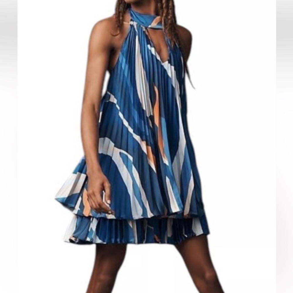 ANTHRO Hutch Halter Pleated Romper Dress Silky Pleated Backless Comfy Tie Neck